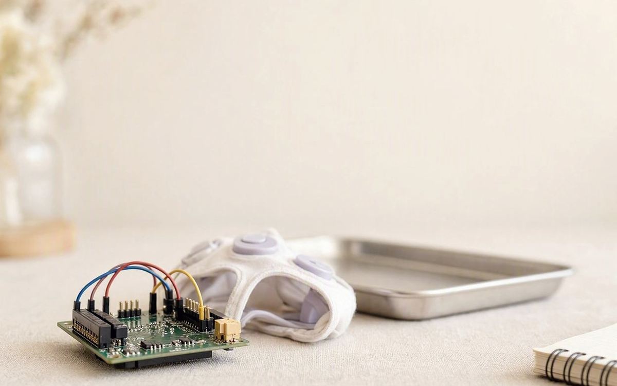 The EEG board and a soft cap arranged on a table beside a small vase